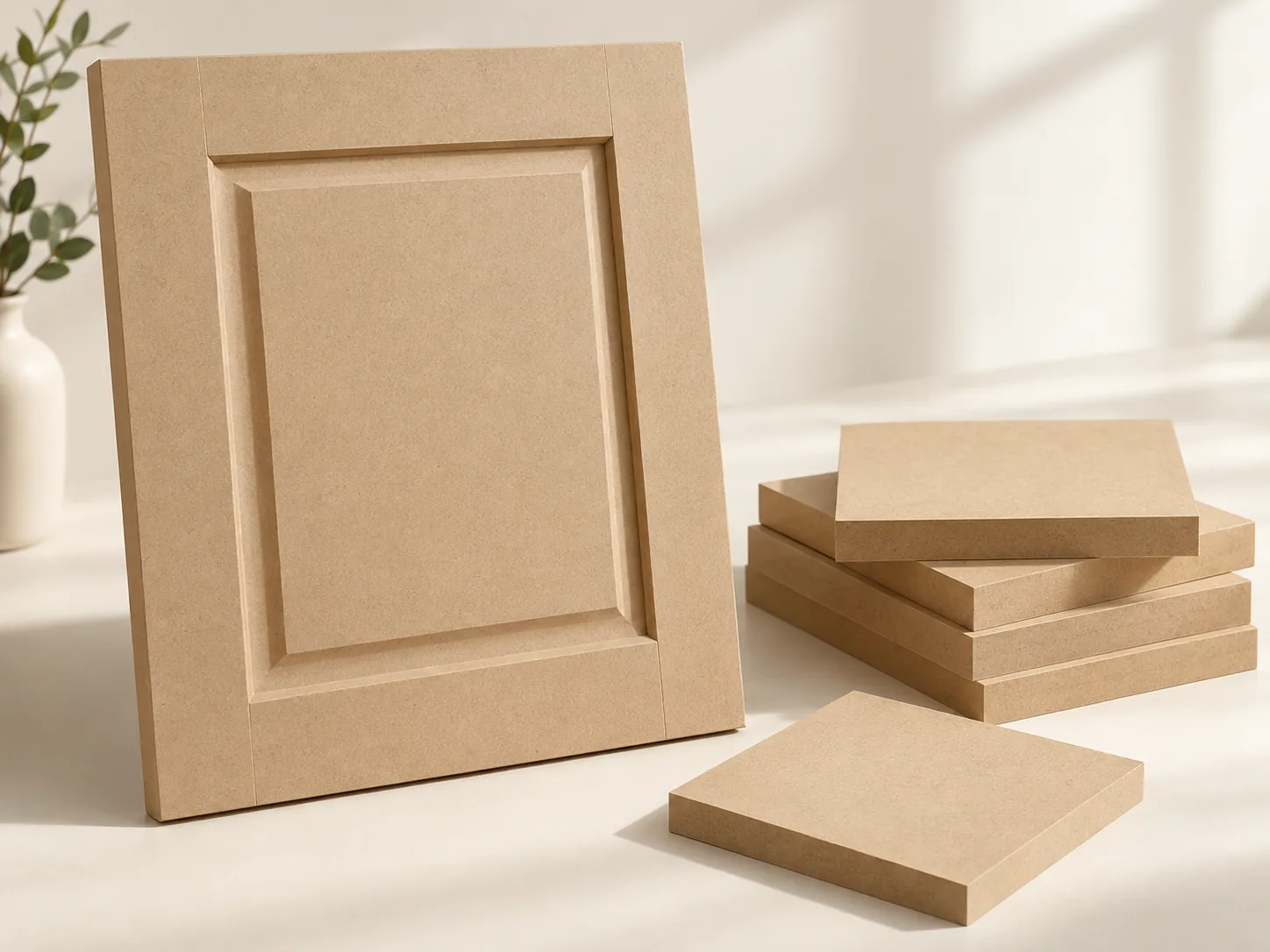 MDF cabinet door concept and uniform-fibre offcuts in a studio